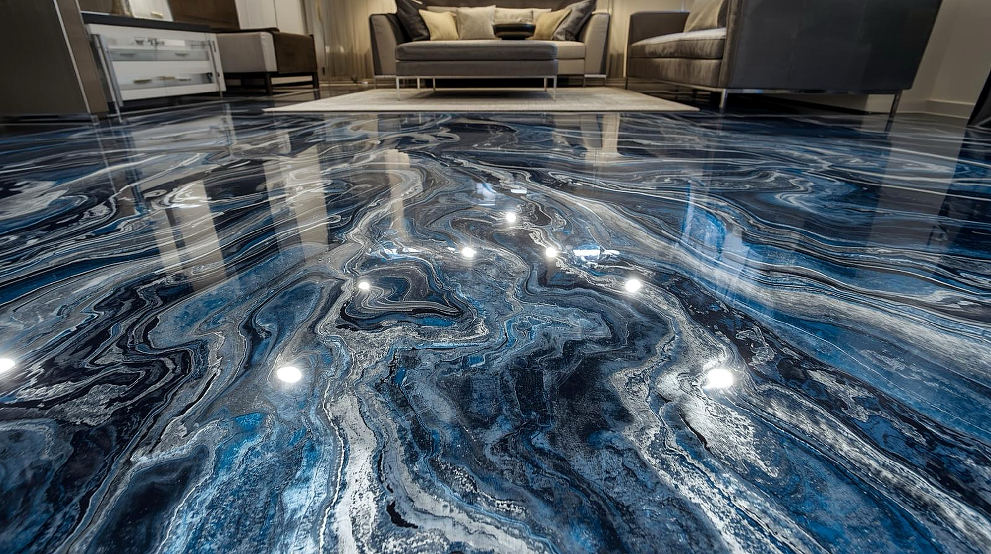 Dramatic blue metallic epoxy floor in a modern Ivins Utah living room